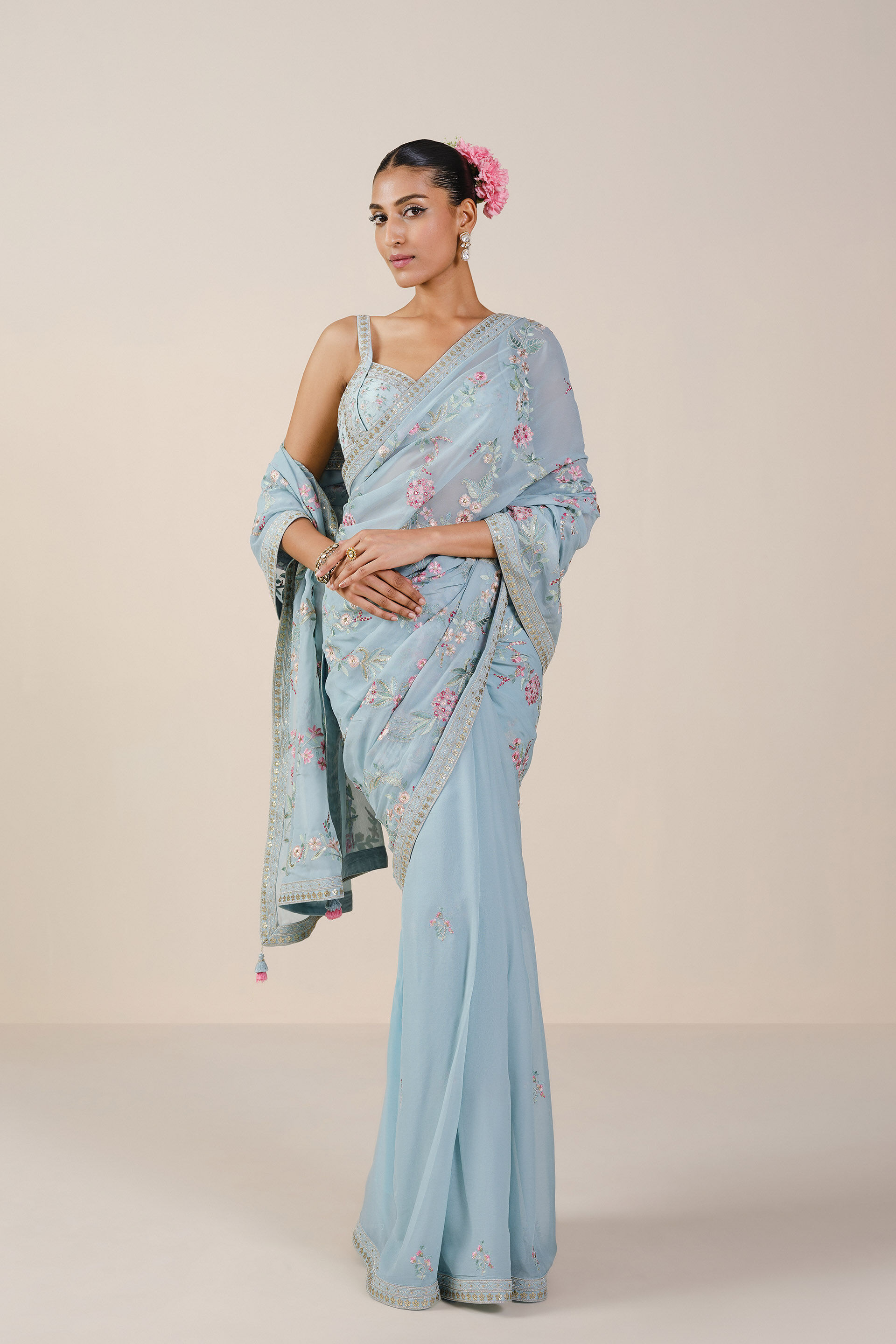 Dianthus Embroidered Georgette Saree, Powder Blue, image 1